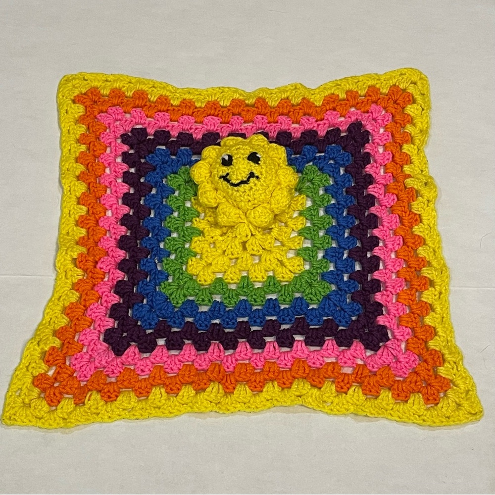 Handmade Crocheted Lovey Smiley Face Security Blanket Rainbow Yellow 15x15”